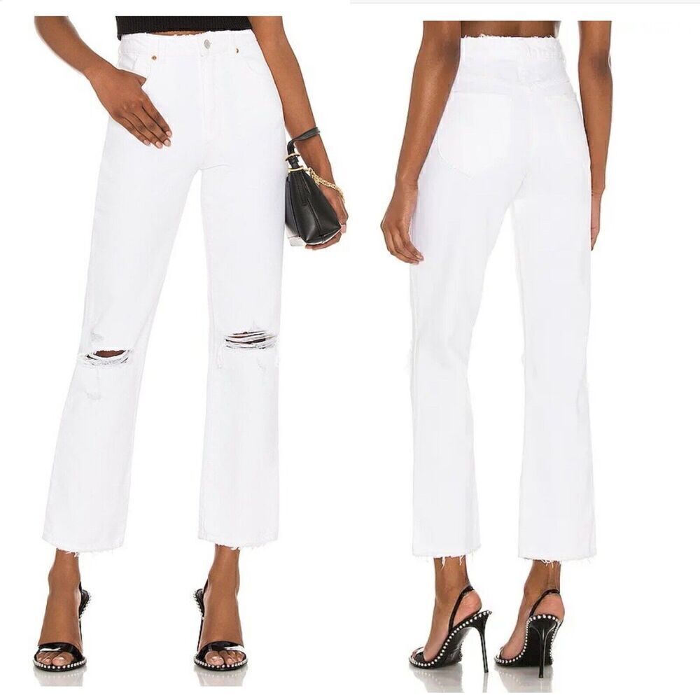 Rollas Layla White Jeans Original High Rise Straight Size 26 Distressed Knee NWT